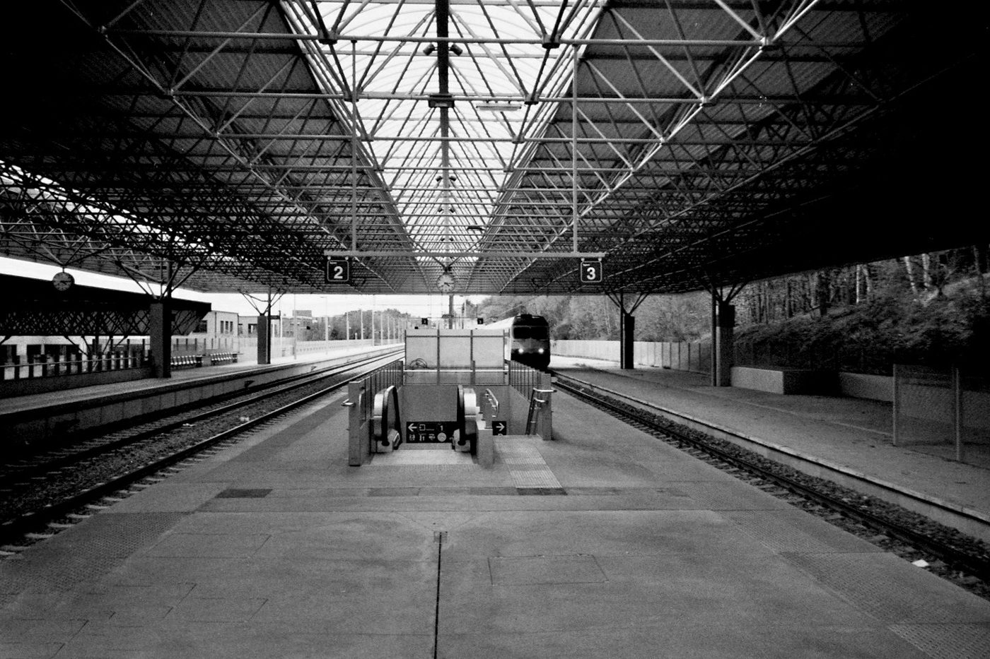 Overdekt stationsperron met een stalen vakwerkdak, sporen aan weerszijden en een trein in de verte