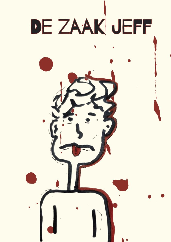Tekening van een jongen met warrig haar en uitgestoken tong, bespat met rode verf, met de titel De zaak Jeff