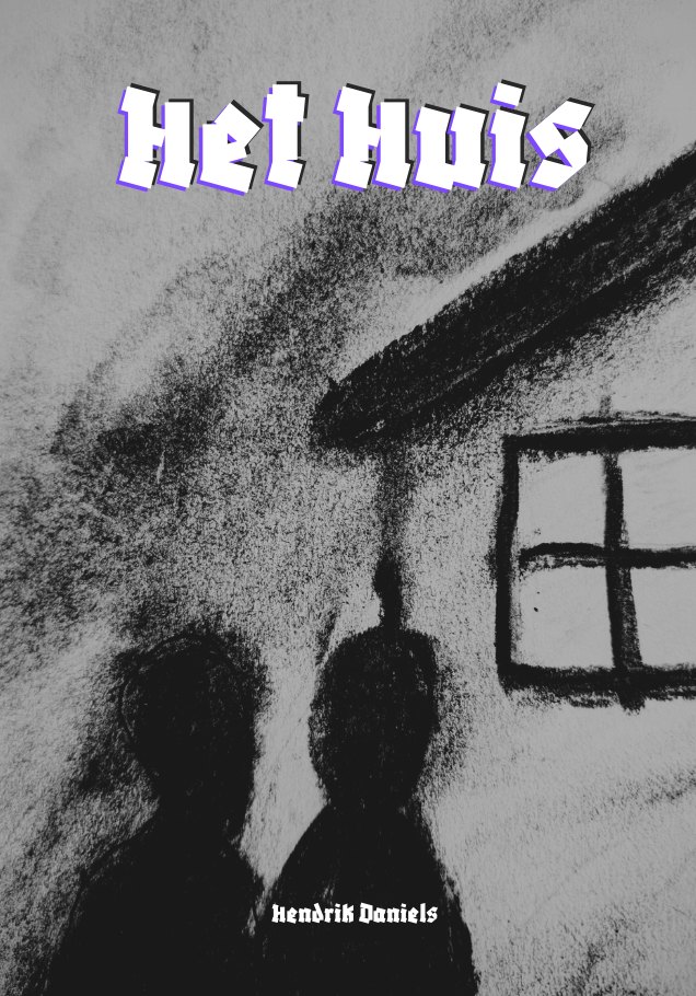 Houtskooltekening van twee donkere silhouetten voor een huis met een raam, met de titel Het Huis en de naam Hendrik Daniels