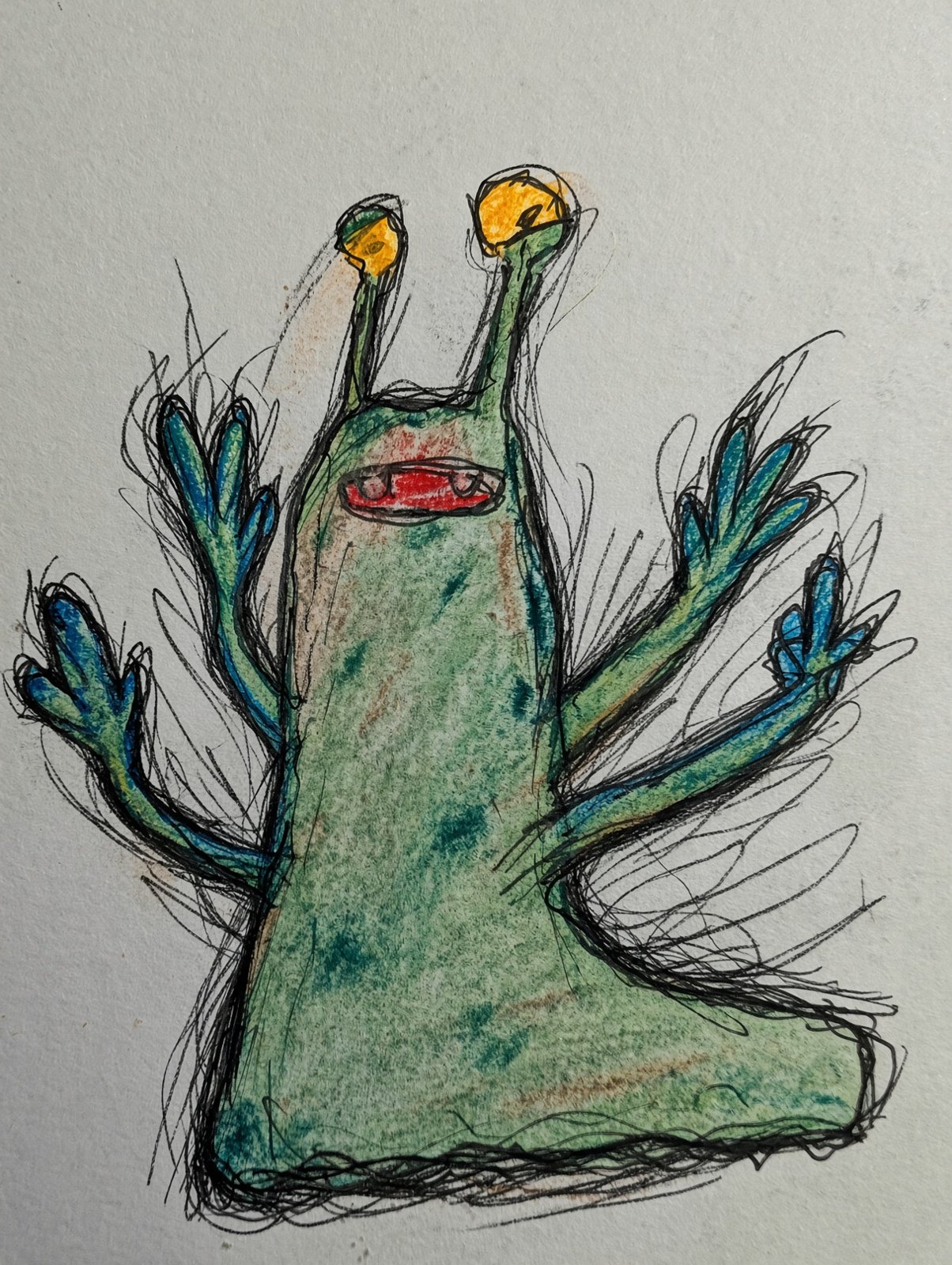 Inkt- en kleurpotloodtekening van een groen slakachtig wezen met gele oogstelen en vier blauwe handen